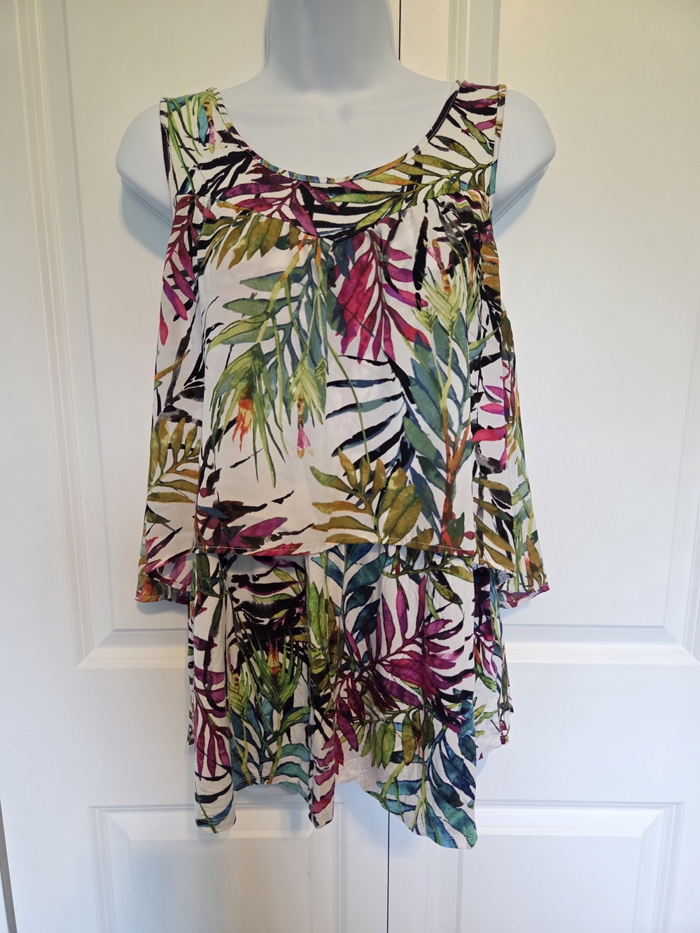Cupio White Tropical Print Layered Tank with Pink & Green Leaves